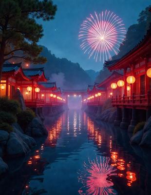 The primary subject of the image is a beautifully lit bridge with a river flowing underneath it. The bridge is adorned with numerous red lanterns, creating a vibrant and festive atmosphere. The setting is a nighttime scene with a mountain in the background, adding to the serene and picturesque environment. The visual style of the image is a combination of photo and digital art, resulting in a stunning and captivating representation of the scene. The colors and mood of the image are predominantly red and warm, evoking feelings of celebration and joy.